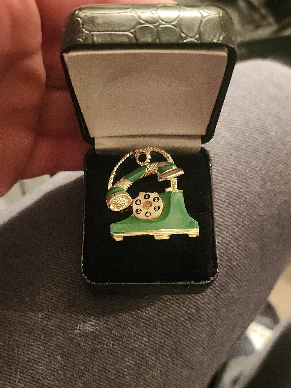 1970s Italian Vintage-Inspired Green Enamel Telephone Brooch Pin